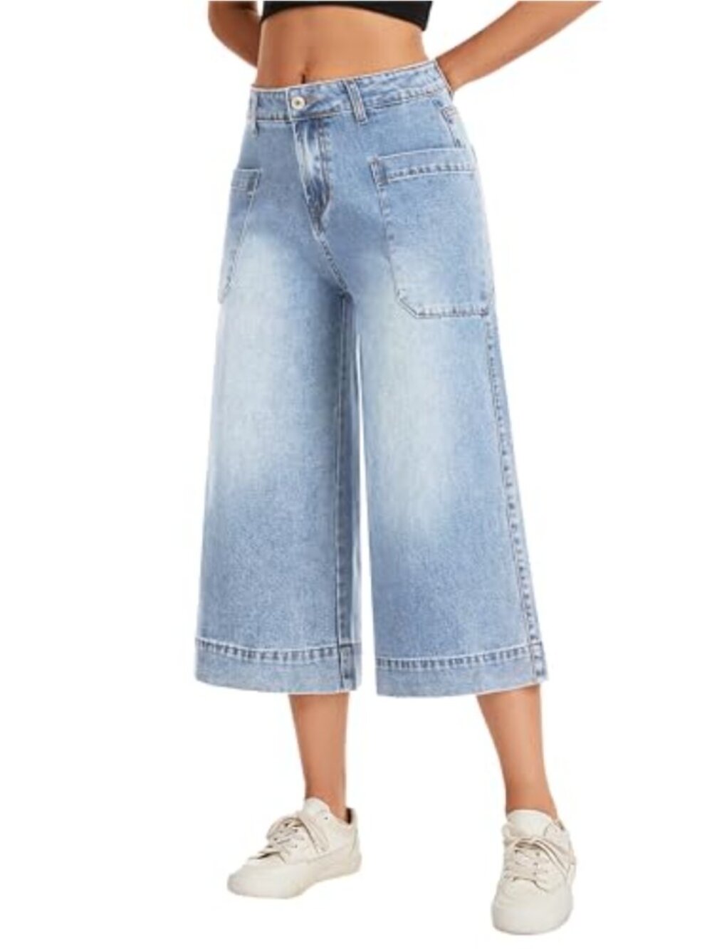 Women's High Waisted Wide Leg Capri Jeans with Pockets